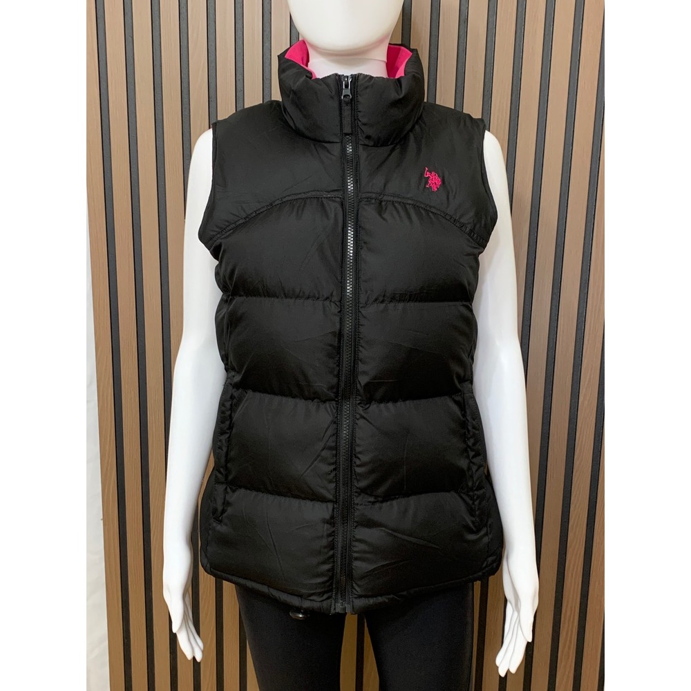 US Polo Assn Women's Puffer Vest Black Pink Logo Full Zip Quilted Medium